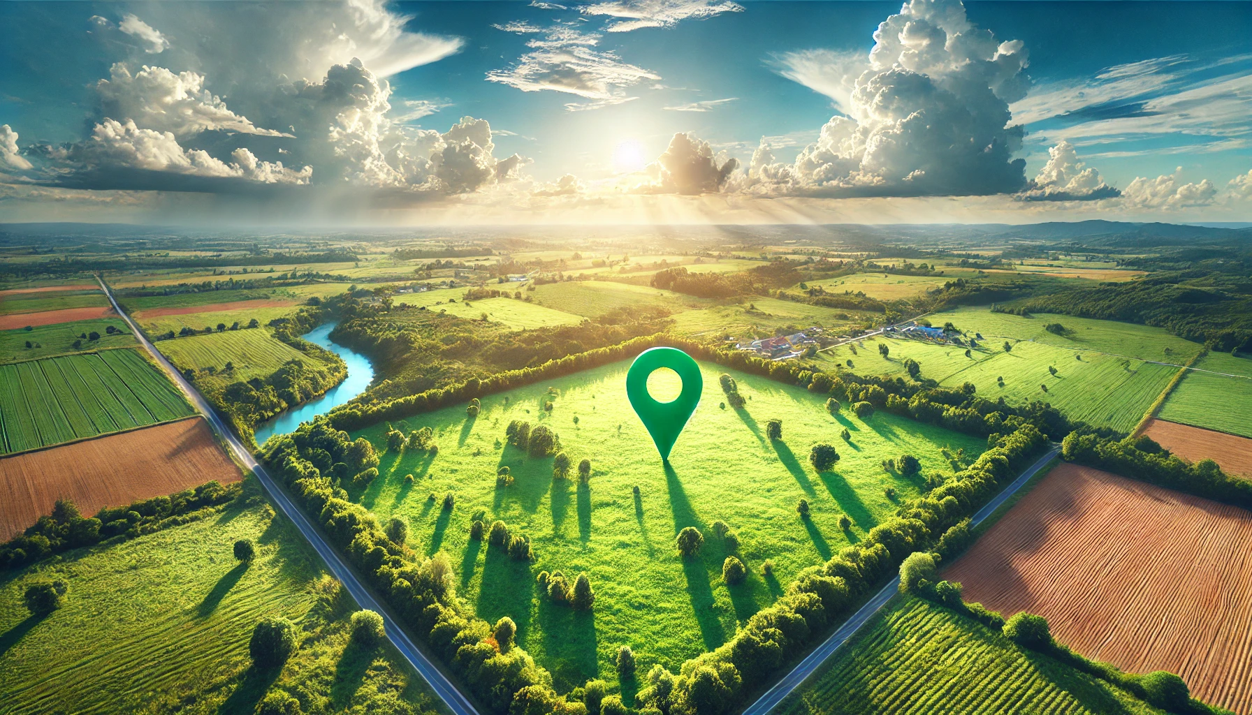 several land parcels surrounding a land parcel with a green colored pin in the center