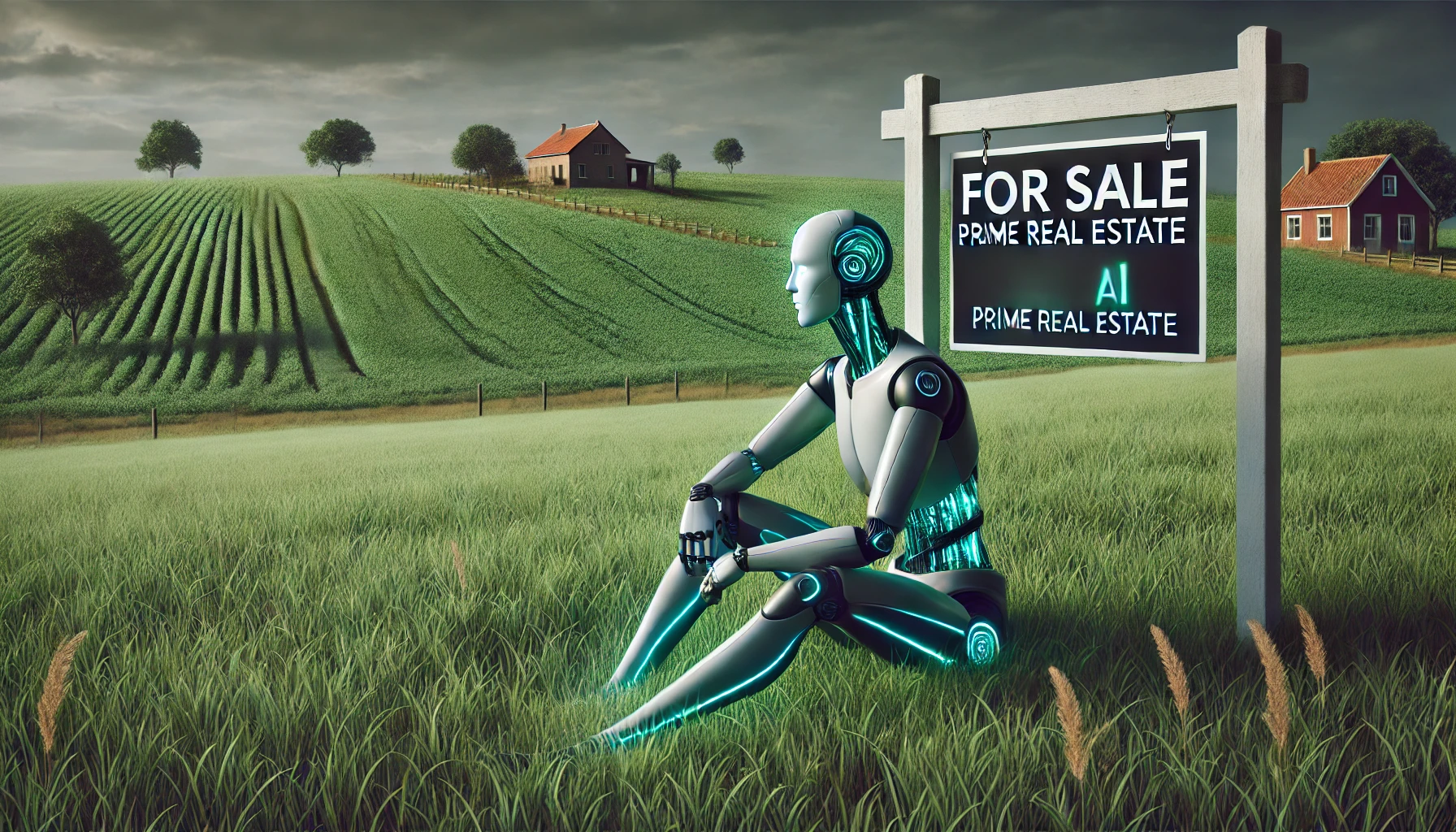 ai robot sitting next to a for sale sign for a land parcel